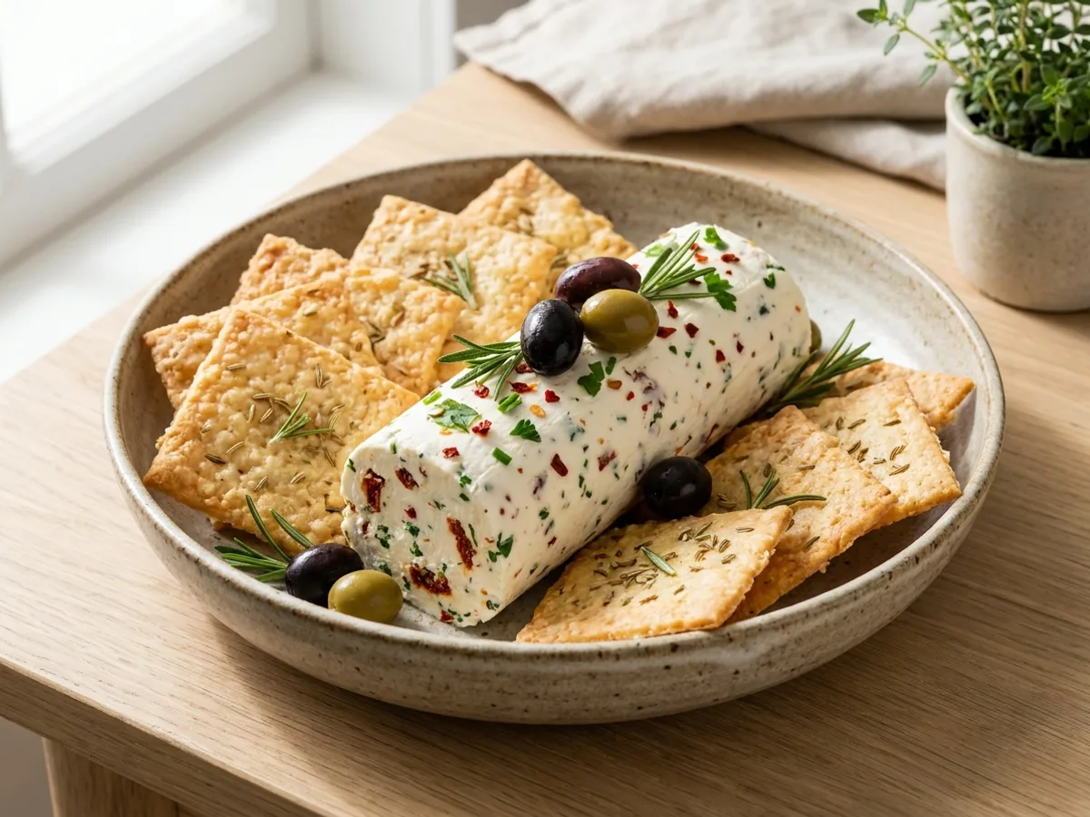 Craquelins au parmesan et rouleau de fromage à la crème