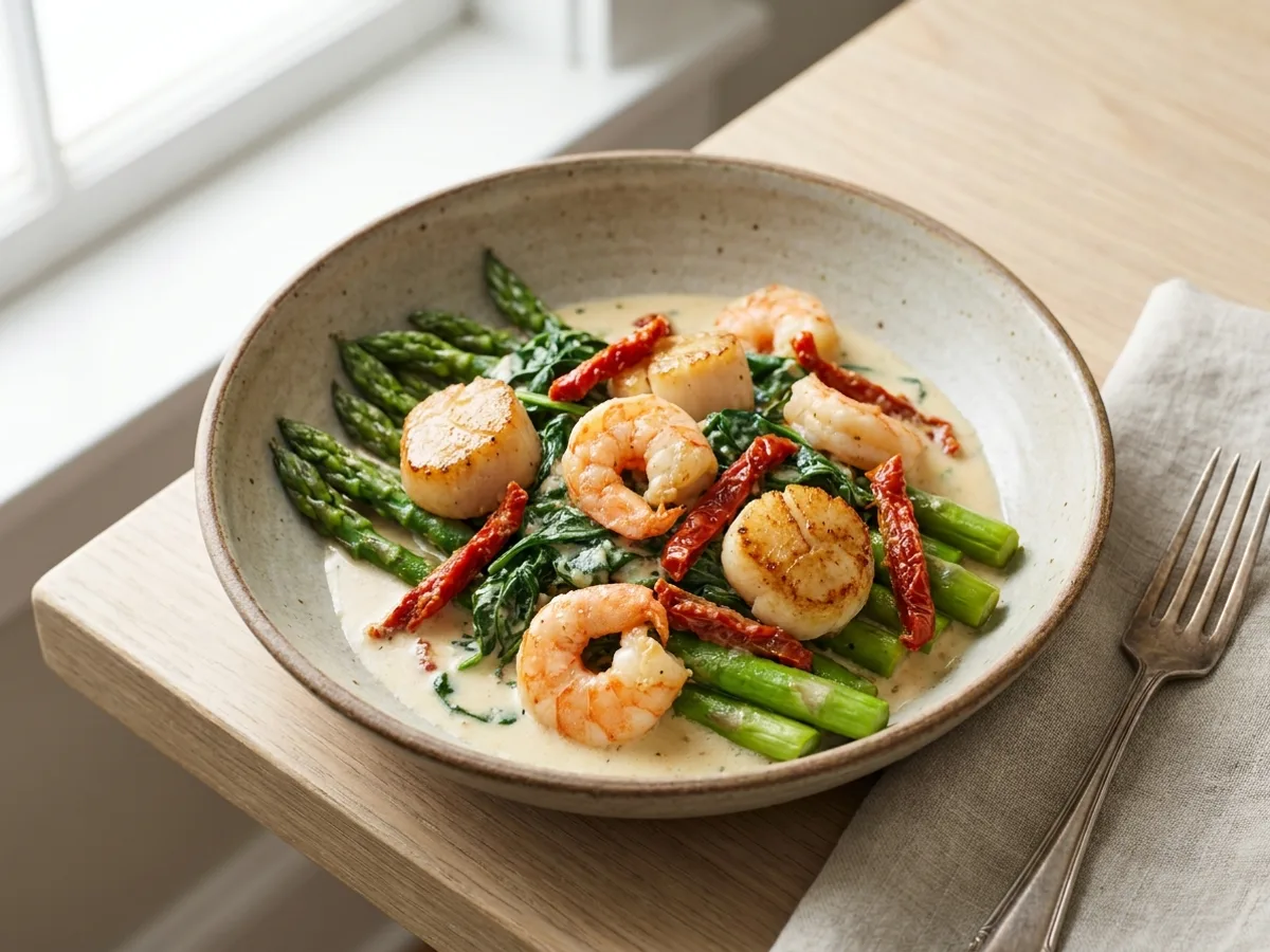 Crevettes et pétoncles crémeux sur lit d’asperges